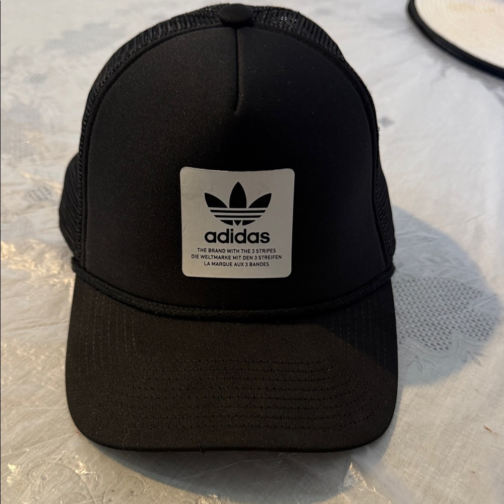 adidas Black Trucker Hat with White Trefoil Patch